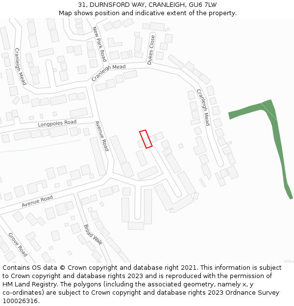 31, DURNSFORD WAY, CRANLEIGH, GU6 7LW: Location map and indicative extent of plot