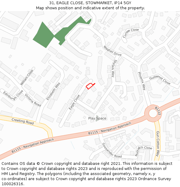 31, EAGLE CLOSE, STOWMARKET, IP14 5GY: Location map and indicative extent of plot