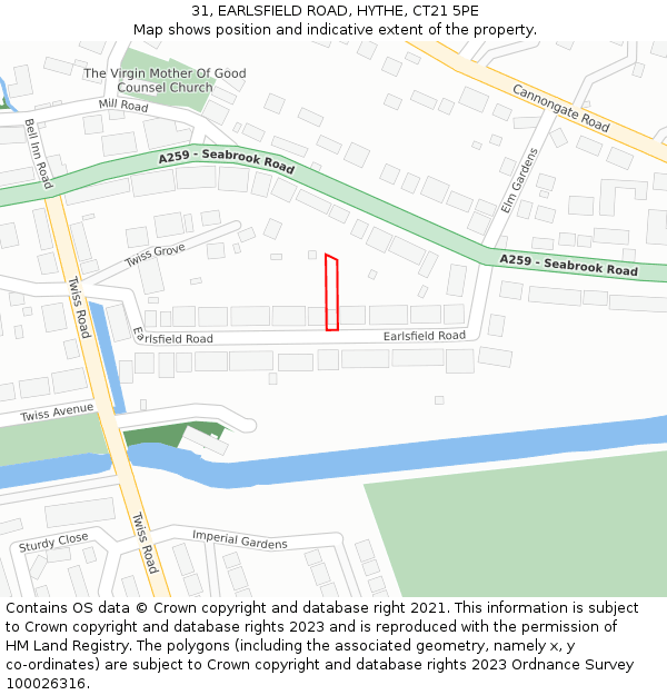 31, EARLSFIELD ROAD, HYTHE, CT21 5PE: Location map and indicative extent of plot