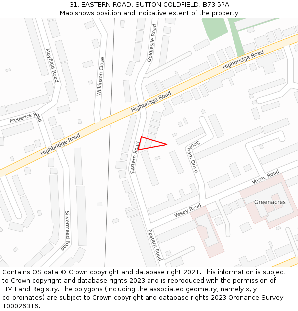 31, EASTERN ROAD, SUTTON COLDFIELD, B73 5PA: Location map and indicative extent of plot