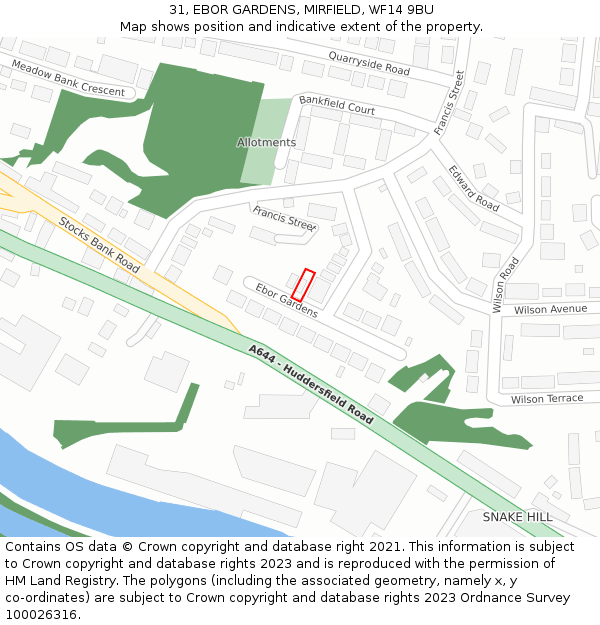 31, EBOR GARDENS, MIRFIELD, WF14 9BU: Location map and indicative extent of plot