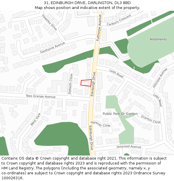 31, EDINBURGH DRIVE, DARLINGTON, DL3 8BD: Location map and indicative extent of plot