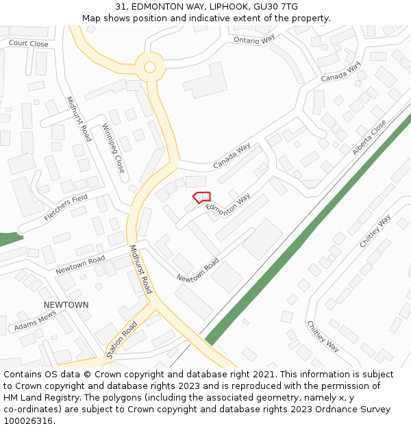 31, EDMONTON WAY, LIPHOOK, GU30 7TG: Location map and indicative extent of plot