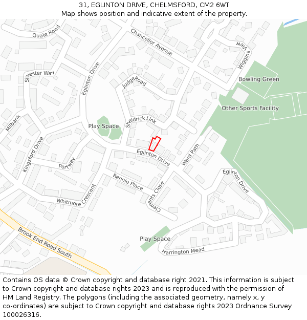 31, EGLINTON DRIVE, CHELMSFORD, CM2 6WT: Location map and indicative extent of plot