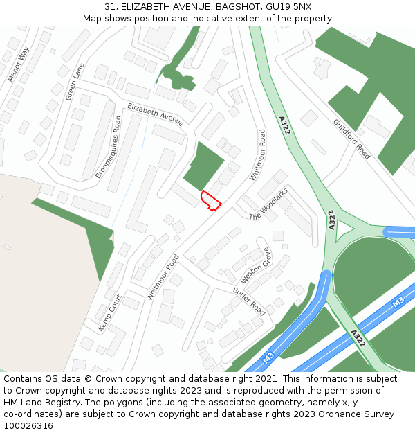 31, ELIZABETH AVENUE, BAGSHOT, GU19 5NX: Location map and indicative extent of plot