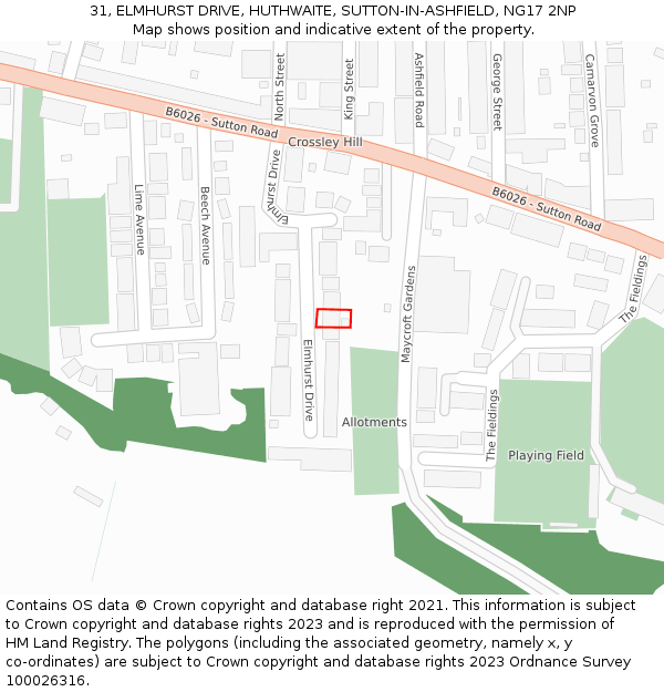 31, ELMHURST DRIVE, HUTHWAITE, SUTTON-IN-ASHFIELD, NG17 2NP: Location map and indicative extent of plot