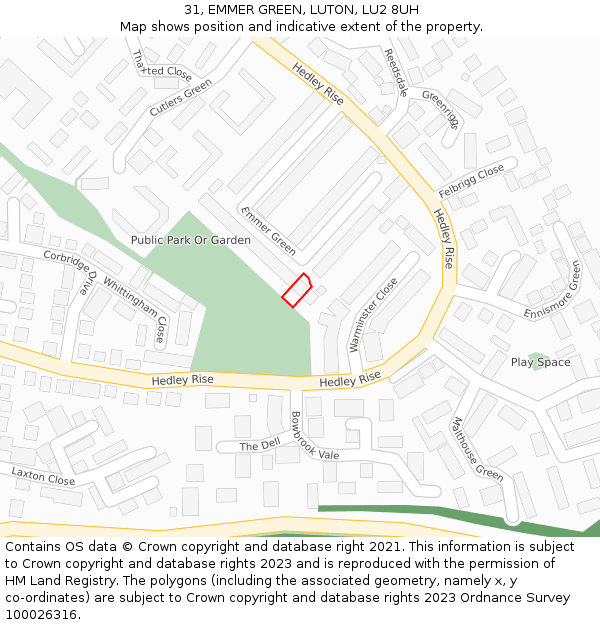 31, EMMER GREEN, LUTON, LU2 8UH: Location map and indicative extent of plot