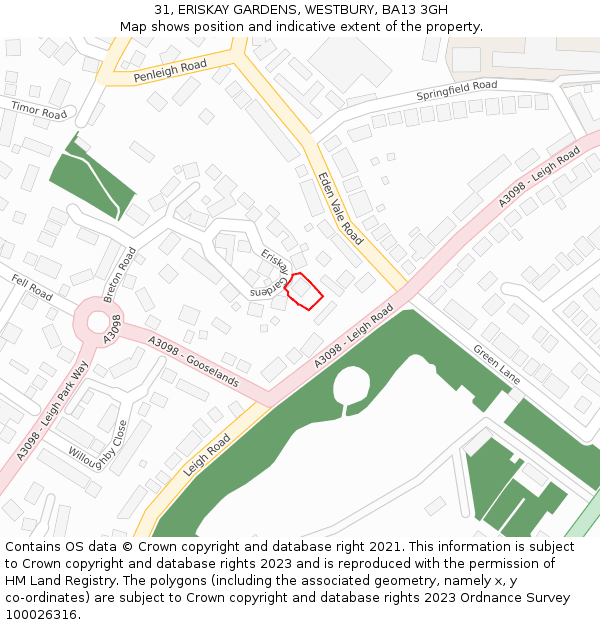 31, ERISKAY GARDENS, WESTBURY, BA13 3GH: Location map and indicative extent of plot