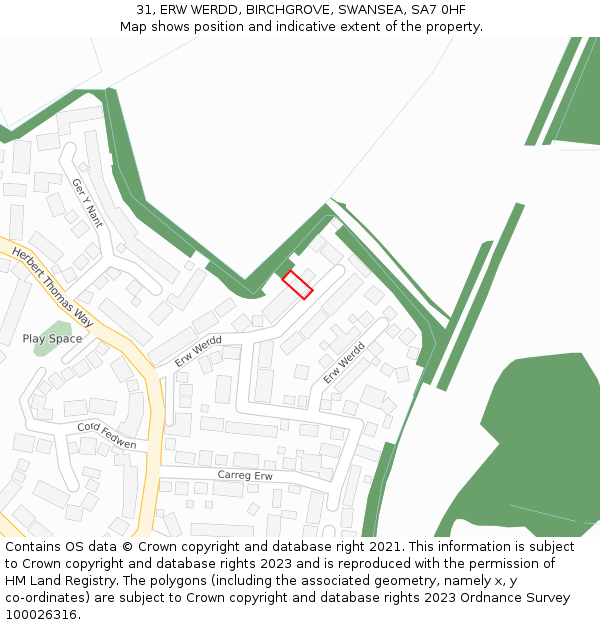 31, ERW WERDD, BIRCHGROVE, SWANSEA, SA7 0HF: Location map and indicative extent of plot