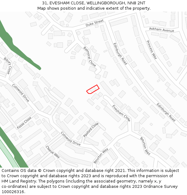 31, EVESHAM CLOSE, WELLINGBOROUGH, NN8 2NT: Location map and indicative extent of plot