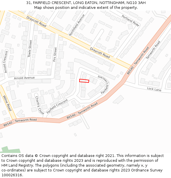 31, FAIRFIELD CRESCENT, LONG EATON, NOTTINGHAM, NG10 3AH: Location map and indicative extent of plot