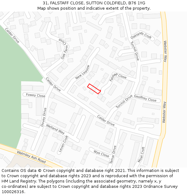 31, FALSTAFF CLOSE, SUTTON COLDFIELD, B76 1YG: Location map and indicative extent of plot