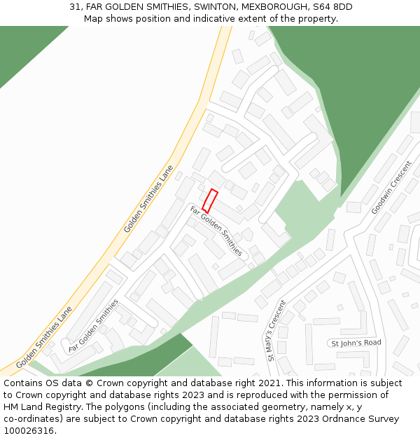 31, FAR GOLDEN SMITHIES, SWINTON, MEXBOROUGH, S64 8DD: Location map and indicative extent of plot