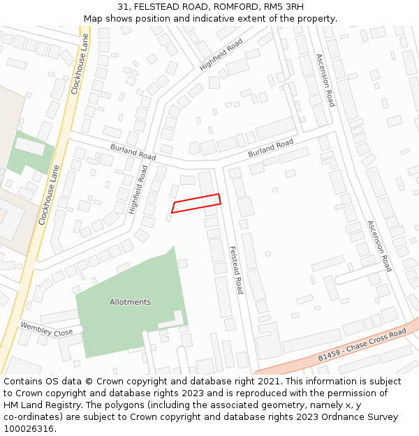 31, FELSTEAD ROAD, ROMFORD, RM5 3RH: Location map and indicative extent of plot