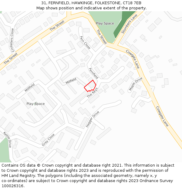 31, FERNFIELD, HAWKINGE, FOLKESTONE, CT18 7EB: Location map and indicative extent of plot