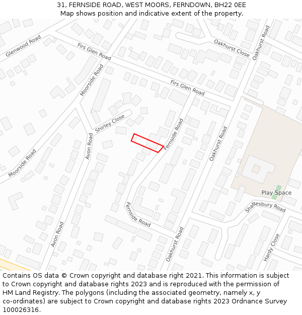 31, FERNSIDE ROAD, WEST MOORS, FERNDOWN, BH22 0EE: Location map and indicative extent of plot