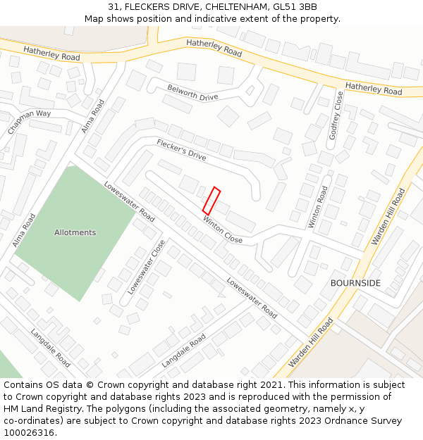 31, FLECKERS DRIVE, CHELTENHAM, GL51 3BB: Location map and indicative extent of plot