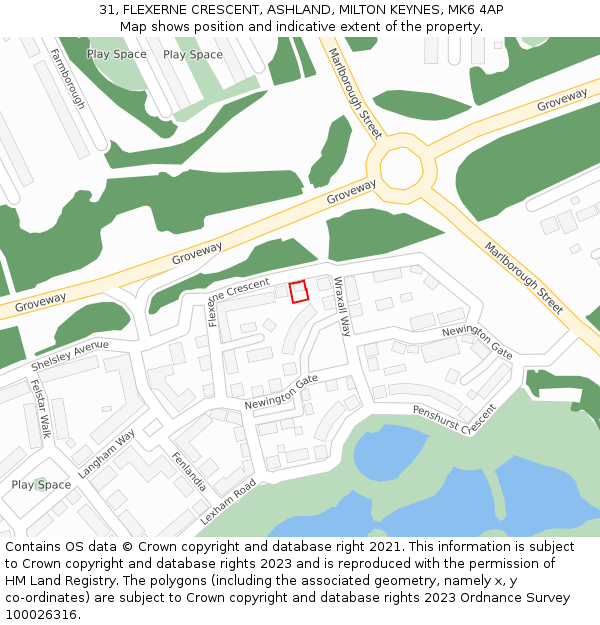 31, FLEXERNE CRESCENT, ASHLAND, MILTON KEYNES, MK6 4AP: Location map and indicative extent of plot