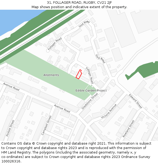 31, FOLLAGER ROAD, RUGBY, CV21 2JF: Location map and indicative extent of plot