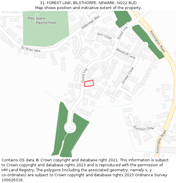 31, FOREST LINK, BILSTHORPE, NEWARK, NG22 8UD: Location map and indicative extent of plot