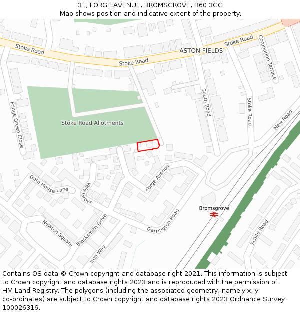31, FORGE AVENUE, BROMSGROVE, B60 3GG: Location map and indicative extent of plot