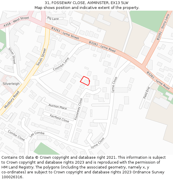 31, FOSSEWAY CLOSE, AXMINSTER, EX13 5LW: Location map and indicative extent of plot