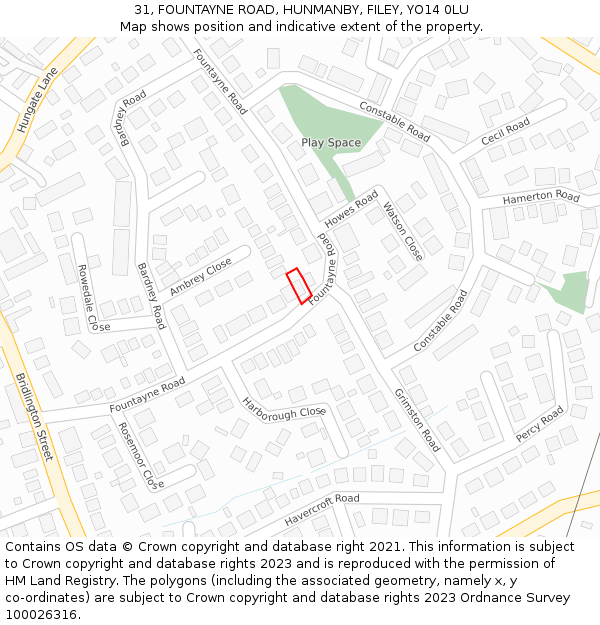 31, FOUNTAYNE ROAD, HUNMANBY, FILEY, YO14 0LU: Location map and indicative extent of plot