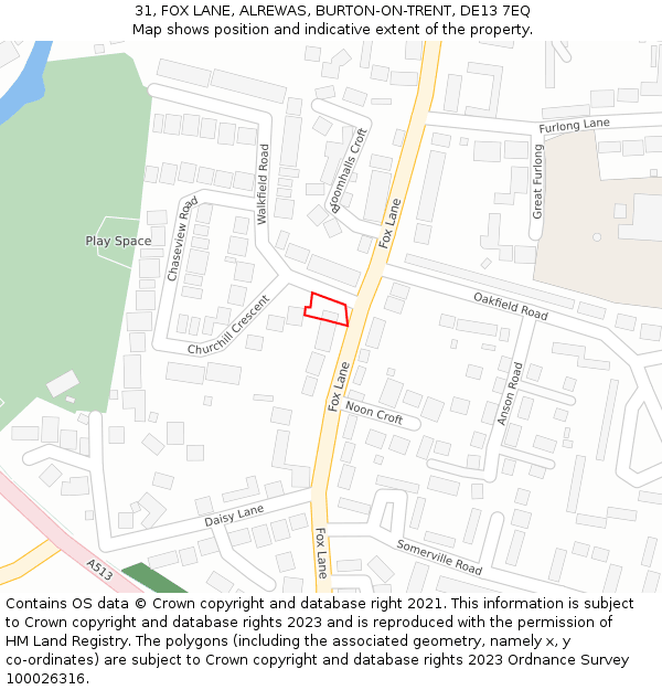 31, FOX LANE, ALREWAS, BURTON-ON-TRENT, DE13 7EQ: Location map and indicative extent of plot