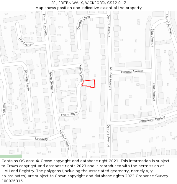 31, FRIERN WALK, WICKFORD, SS12 0HZ: Location map and indicative extent of plot