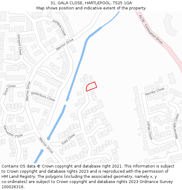 31, GALA CLOSE, HARTLEPOOL, TS25 1GA: Location map and indicative extent of plot