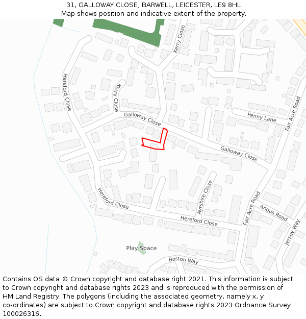 31, GALLOWAY CLOSE, BARWELL, LEICESTER, LE9 8HL: Location map and indicative extent of plot