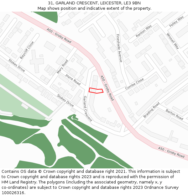 31, GARLAND CRESCENT, LEICESTER, LE3 9BN: Location map and indicative extent of plot