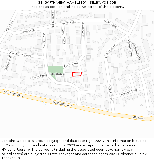 31, GARTH VIEW, HAMBLETON, SELBY, YO8 9QB: Location map and indicative extent of plot