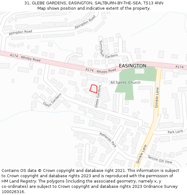 31, GLEBE GARDENS, EASINGTON, SALTBURN-BY-THE-SEA, TS13 4NN: Location map and indicative extent of plot