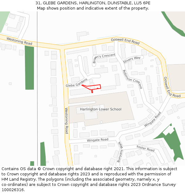 31, GLEBE GARDENS, HARLINGTON, DUNSTABLE, LU5 6PE: Location map and indicative extent of plot