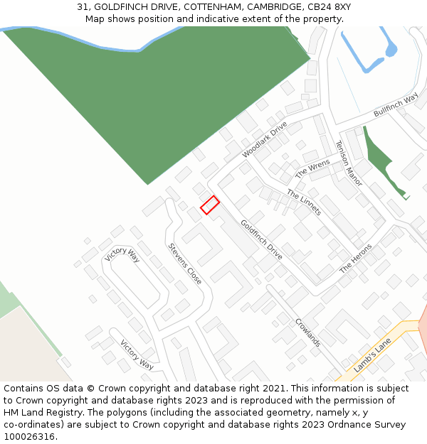 31, GOLDFINCH DRIVE, COTTENHAM, CAMBRIDGE, CB24 8XY: Location map and indicative extent of plot