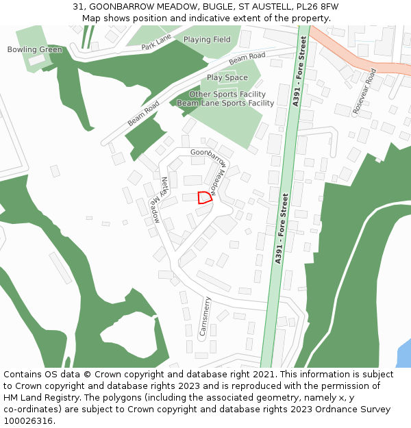 31, GOONBARROW MEADOW, BUGLE, ST AUSTELL, PL26 8FW: Location map and indicative extent of plot