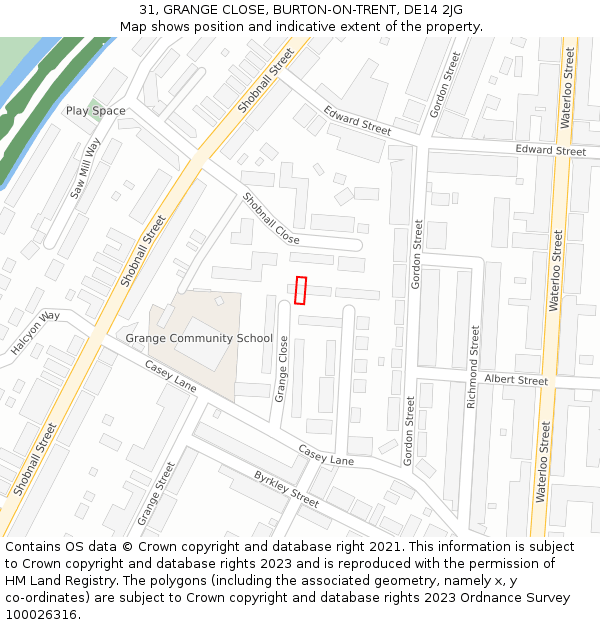 31, GRANGE CLOSE, BURTON-ON-TRENT, DE14 2JG: Location map and indicative extent of plot