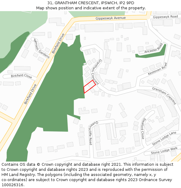 31, GRANTHAM CRESCENT, IPSWICH, IP2 9PD: Location map and indicative extent of plot