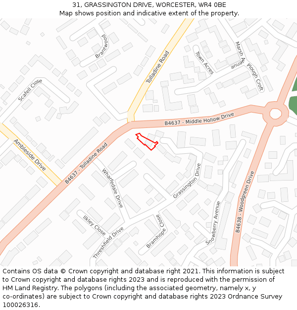 31, GRASSINGTON DRIVE, WORCESTER, WR4 0BE: Location map and indicative extent of plot