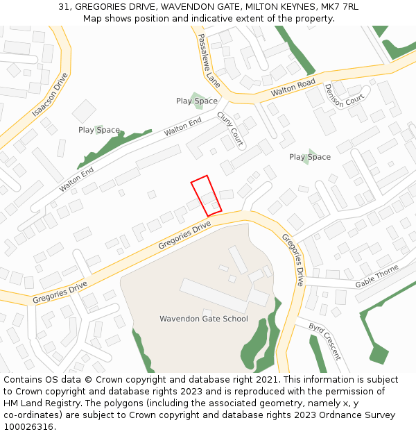 31, GREGORIES DRIVE, WAVENDON GATE, MILTON KEYNES, MK7 7RL: Location map and indicative extent of plot