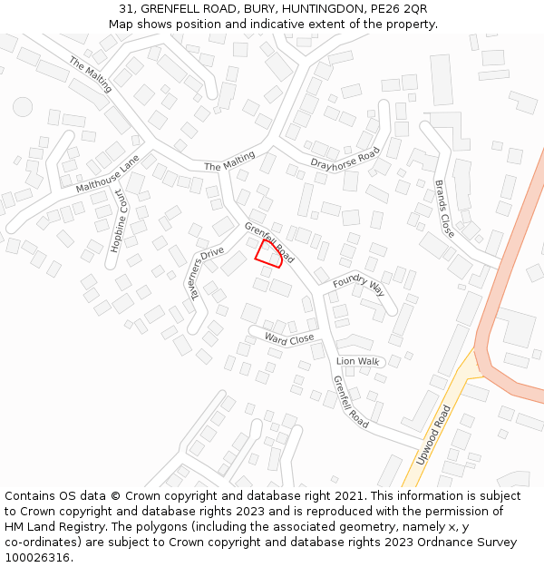 31, GRENFELL ROAD, BURY, HUNTINGDON, PE26 2QR: Location map and indicative extent of plot