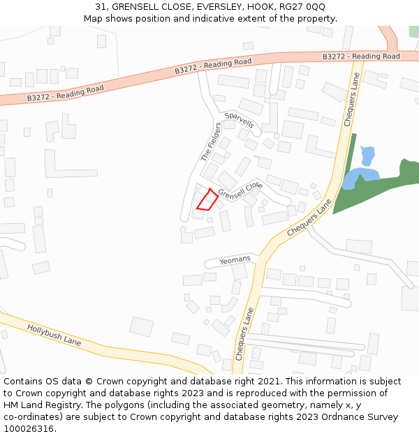 31, GRENSELL CLOSE, EVERSLEY, HOOK, RG27 0QQ: Location map and indicative extent of plot