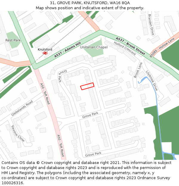 31, GROVE PARK, KNUTSFORD, WA16 8QA: Location map and indicative extent of plot