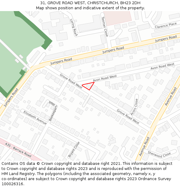 31, GROVE ROAD WEST, CHRISTCHURCH, BH23 2DH: Location map and indicative extent of plot