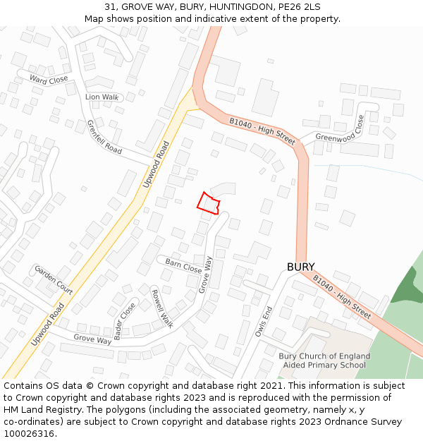 31, GROVE WAY, BURY, HUNTINGDON, PE26 2LS: Location map and indicative extent of plot