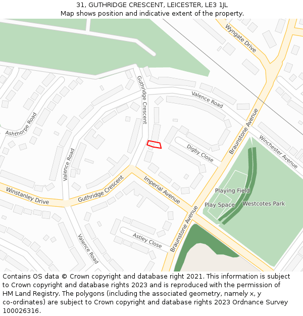 31, GUTHRIDGE CRESCENT, LEICESTER, LE3 1JL: Location map and indicative extent of plot