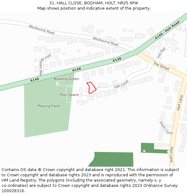 31, HALL CLOSE, BODHAM, HOLT, NR25 6PW: Location map and indicative extent of plot