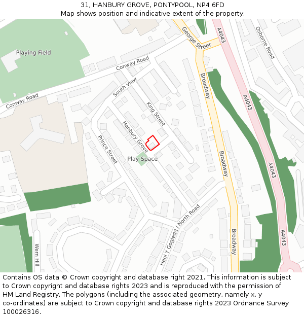 31, HANBURY GROVE, PONTYPOOL, NP4 6FD: Location map and indicative extent of plot