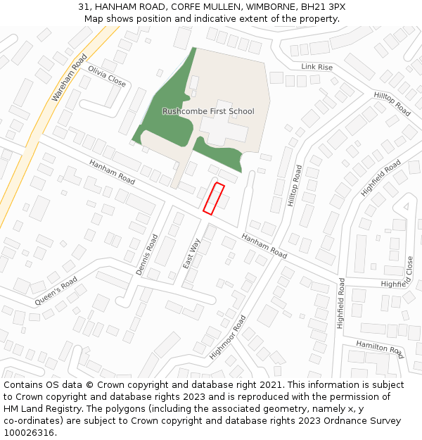 31, HANHAM ROAD, CORFE MULLEN, WIMBORNE, BH21 3PX: Location map and indicative extent of plot